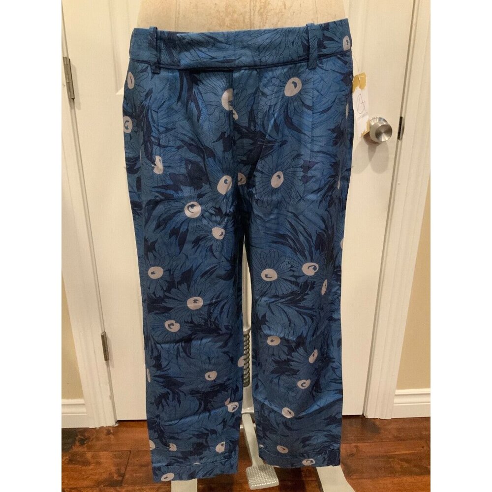Elevenses Anthropologie Blue Flora Cuffed Capris, Size 4 (US) 8 (UK)